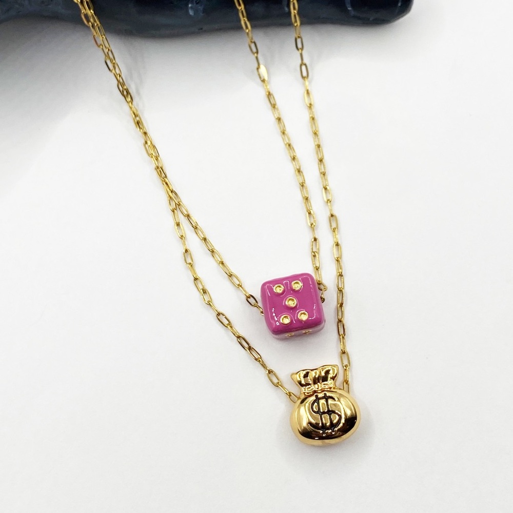 NEW Gold Money Bag & Pink Dice Layered Necklace - Picture 2 of 12
